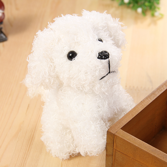Dog holding teddy bear toy — white plush squeaky comfort friend