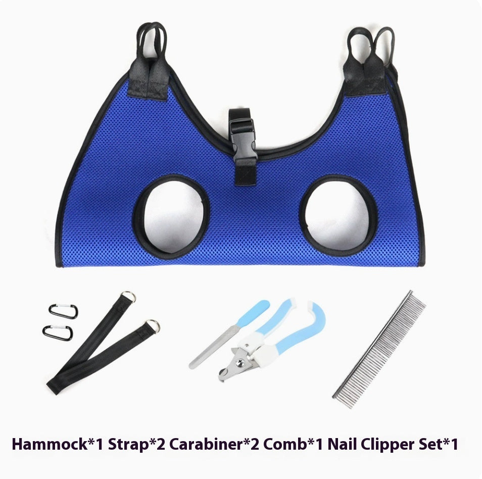 Dog in grooming hammock — calm hands-free nail trim at home