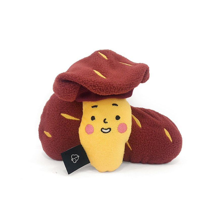 Sweet potato plush toy peeled open hidden treat pockets dog